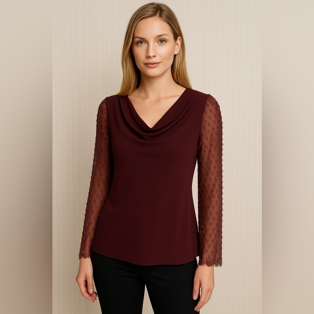 Burgundy Blouse Draped Neckline Sheer Beaded Sleeve Cocktail Party Medium
